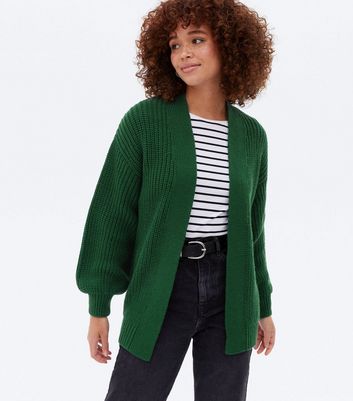 Dark Green Knit Puff Sleeve Cardigan New Look