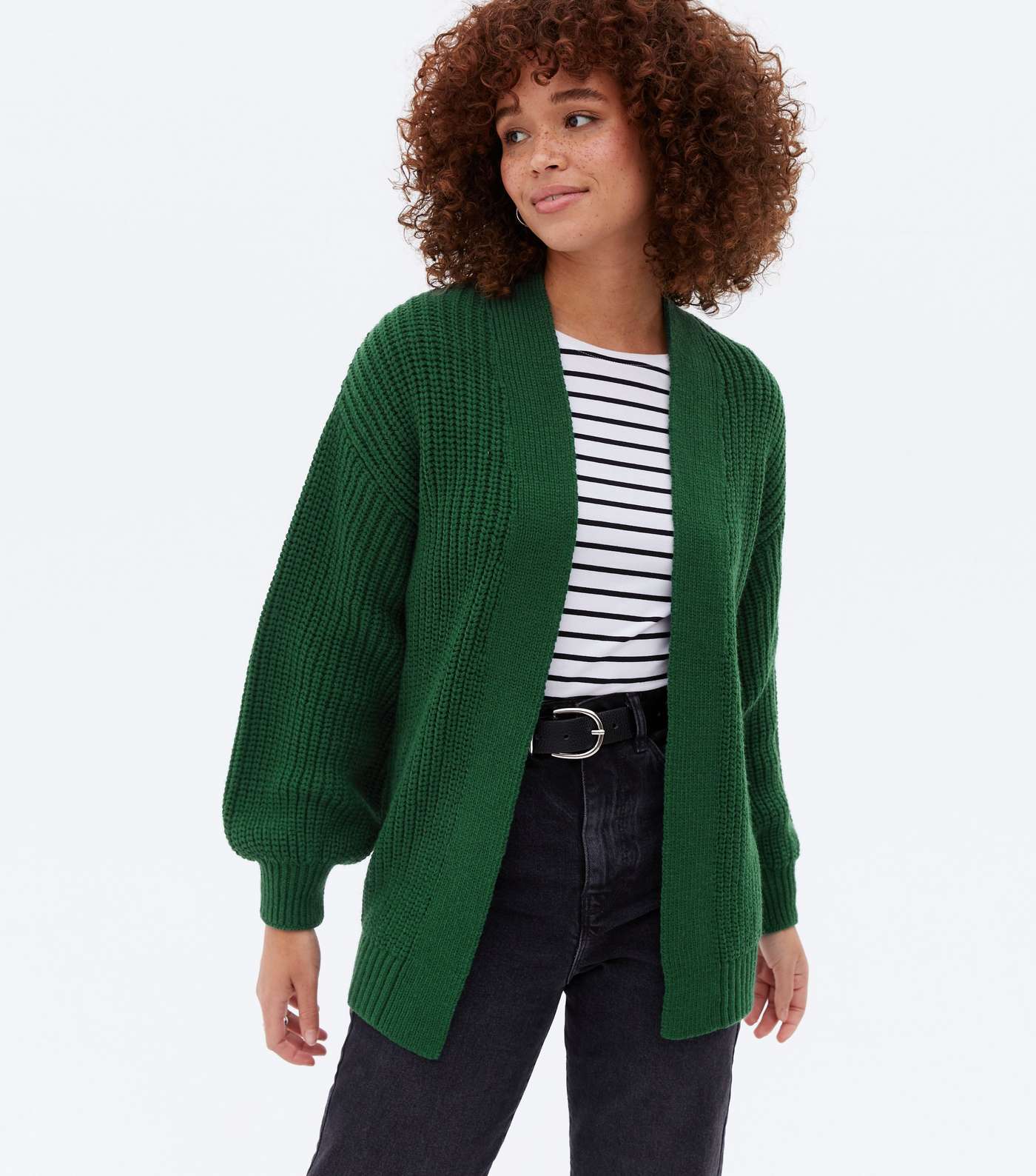Dark Green Knit Puff Sleeve Cardigan