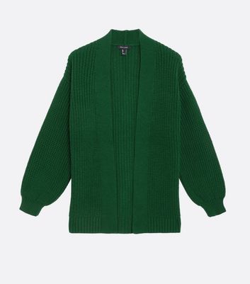 Dark Green Knit Puff Sleeve Cardigan New Look