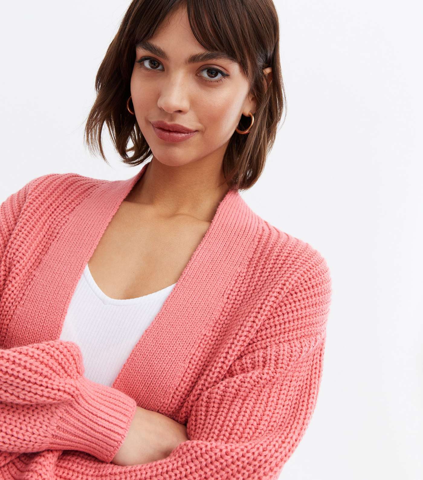 Coral Knit Puff Sleeve Cardigan
