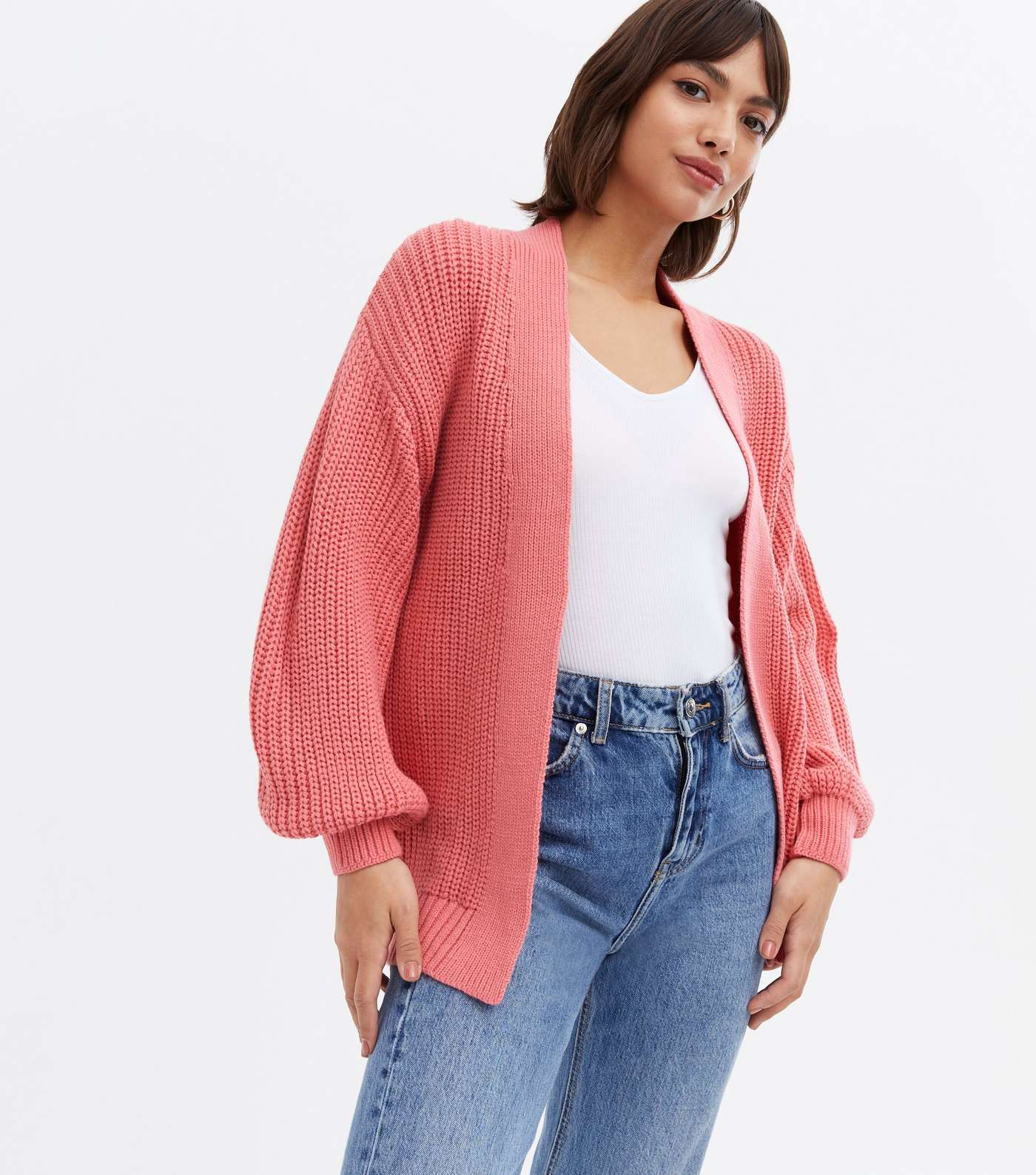 Coral Knit Puff Sleeve Cardigan Image 3