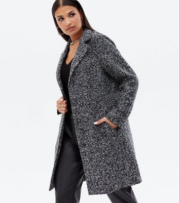Black Textured Long Revere Collar Coat 
