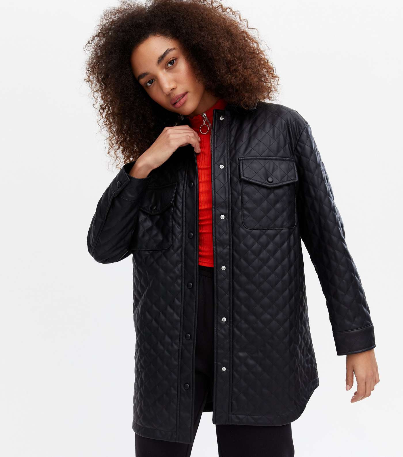 Black Quilted Leather-Look Shacket