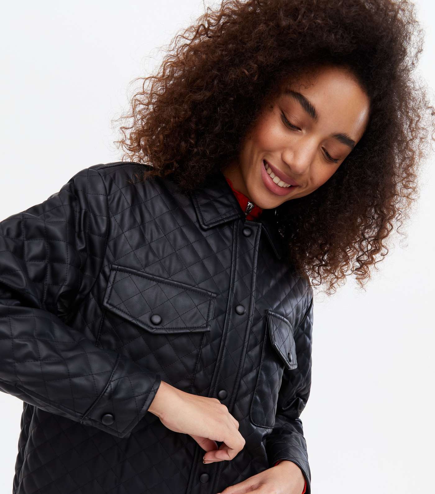 Black Quilted Leather-Look Shacket Image 3