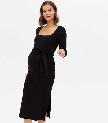 Maternity Black Ribbed Tie Waist Midi Dress