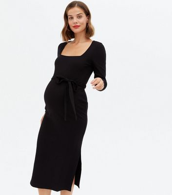 black ribbed tie waist midi dress