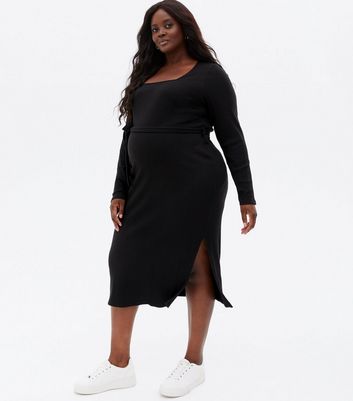 black ribbed tie waist midi dress