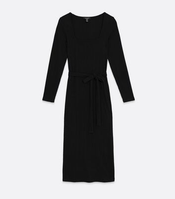 black ribbed tie waist midi dress