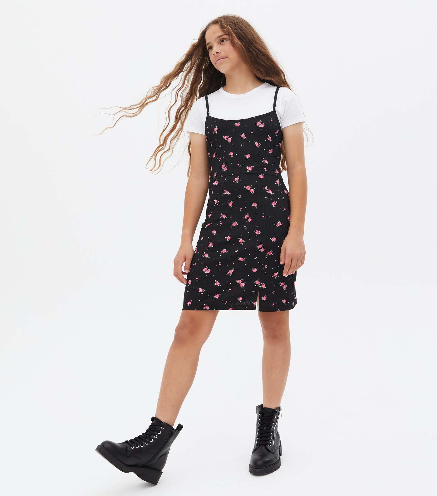 Girls Black Ditsy Floral 2 in 1 Pinafore Dress Image 2