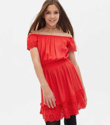 Girls Red Broderie Bardot Dress