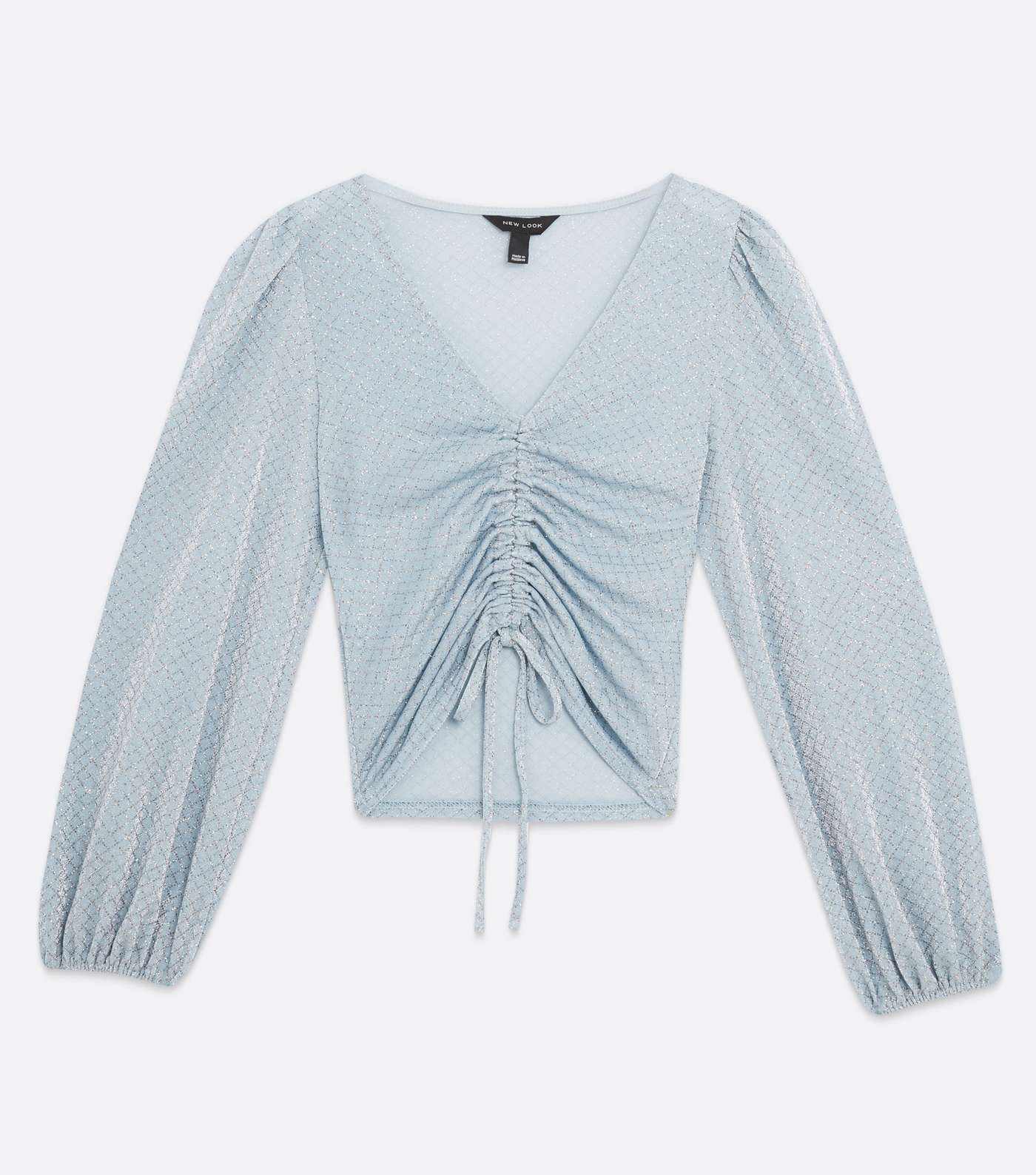 Pale Blue Glitter Ruched Long Sleeve Crop Top Image 5