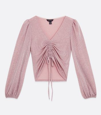 Pink Glitter Ruched Long Sleeve Crop 