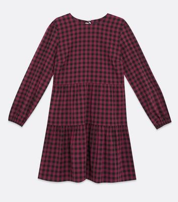 Burgundy Gingham Tiered Mini Oversized Smock Dress New Look