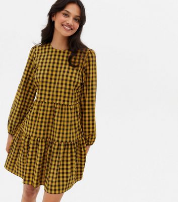 Mustard Gingham Tiered Mini Oversized Smock Dress