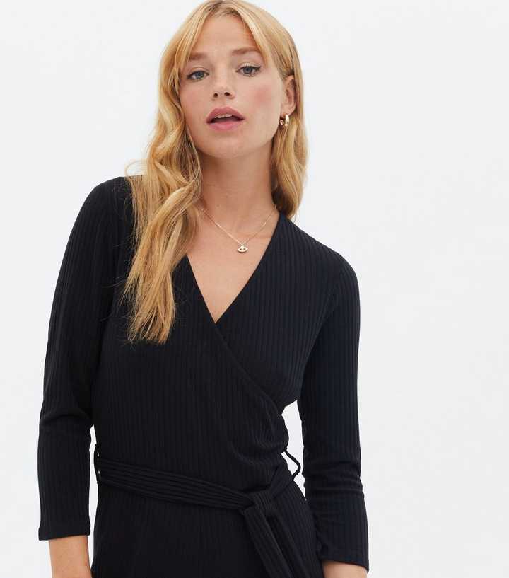 Black Ribbed 3/4 Sleeve Belted Wrap Crop Jumpsuit