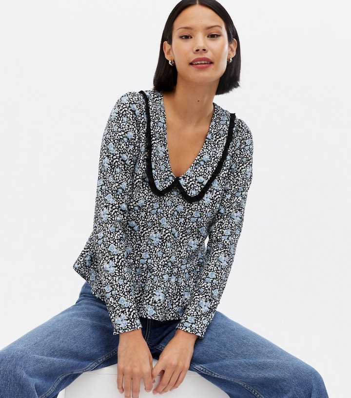 Blue Floral Frill Collar Peplum Blouse
