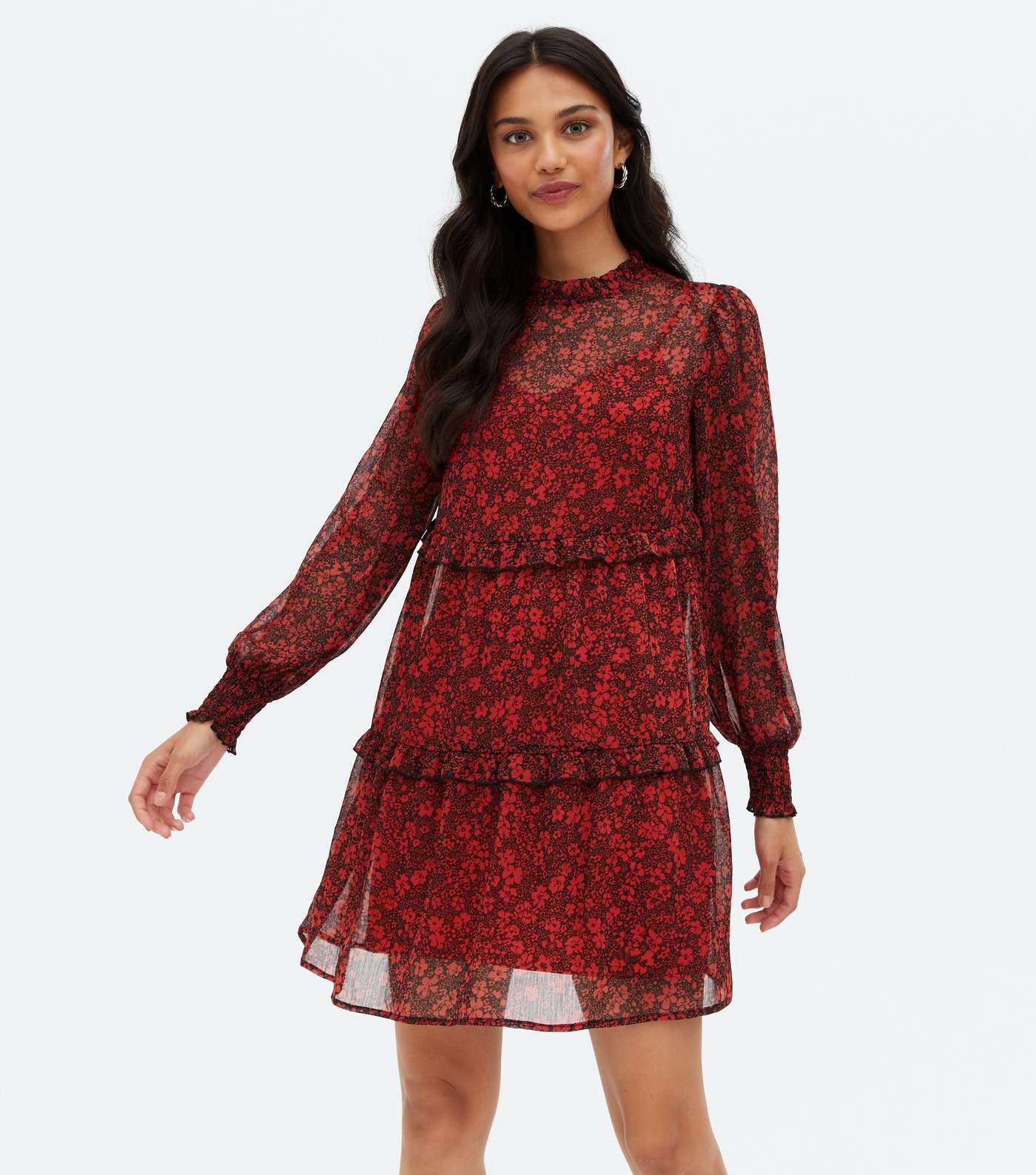 Red Floral Chiffon Tiered High Neck Mini Oversized Smock Dress