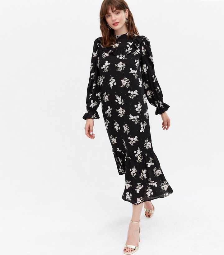 Black Floral Spot Frill Yoke Tiered Midi Dress