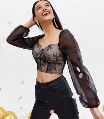 Black Lace Mesh Bustier Puff Sleeve Crop Top New Look