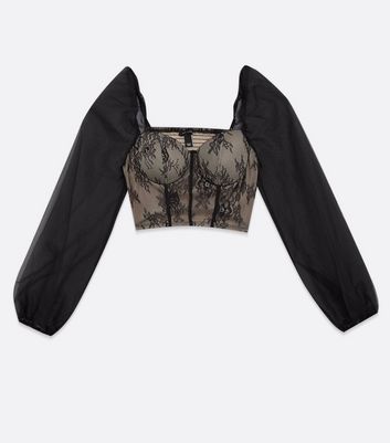 Black Lace Mesh Bustier Puff Sleeve 