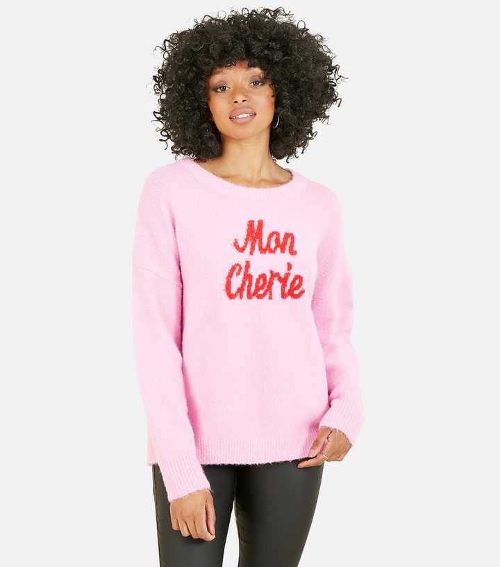 Yumi Pink Fluffy Knit Mon Cherie Logo Jumper | New Look