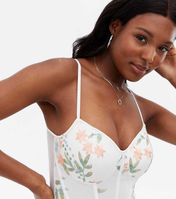 White Floral Embroidered Mesh Bustier Bodysuit