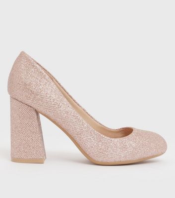 Click to view product details and reviews for Wide Fit Rose Gold Glitter Block Heel Court Shoes New Look Vegan.