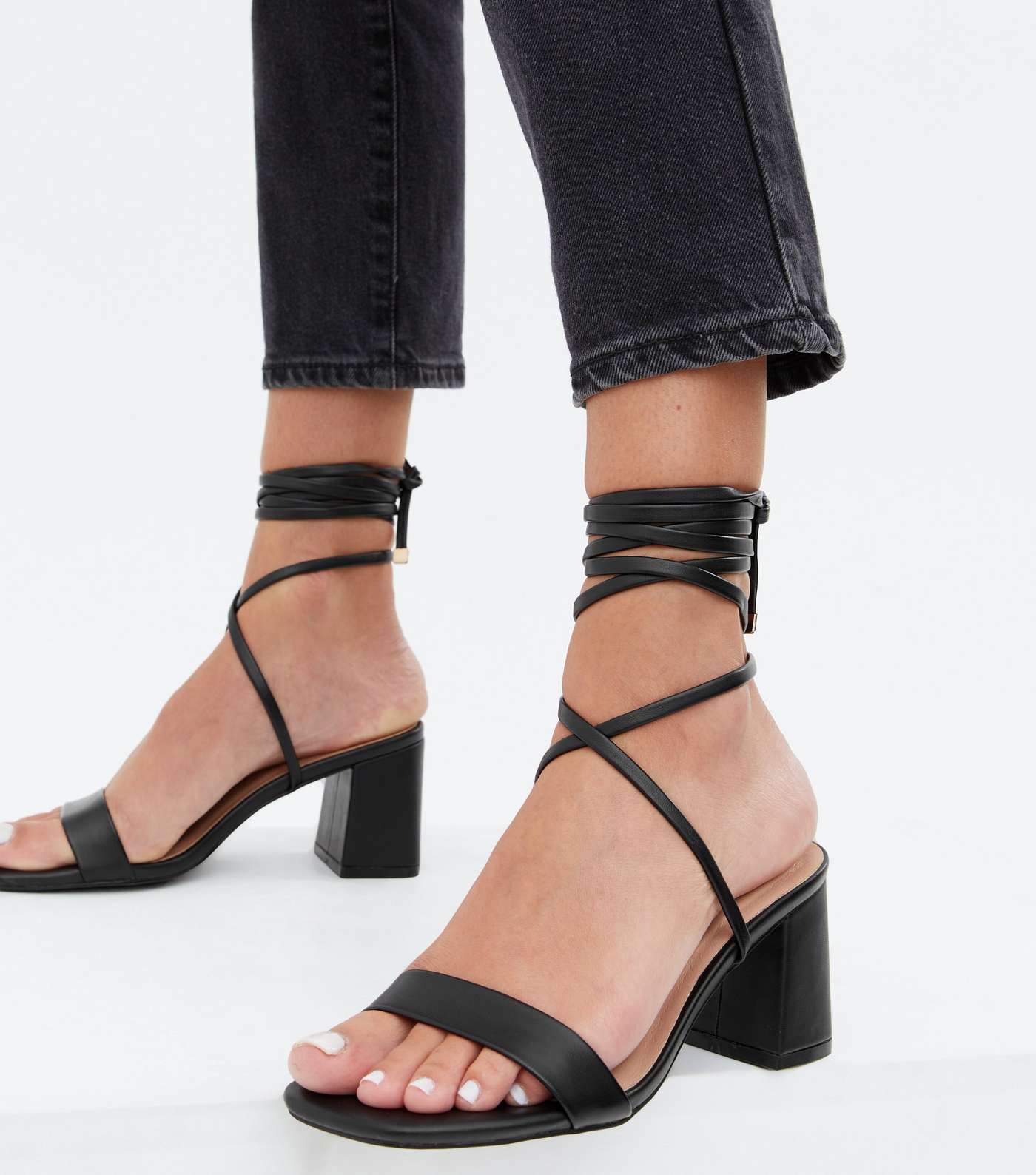 Wide Fit Black Ankle Tie Block Heel Sandals Image 2