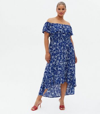 Mela Curves Blue Frill Bardot Dip Hem Maxi Dress New Look