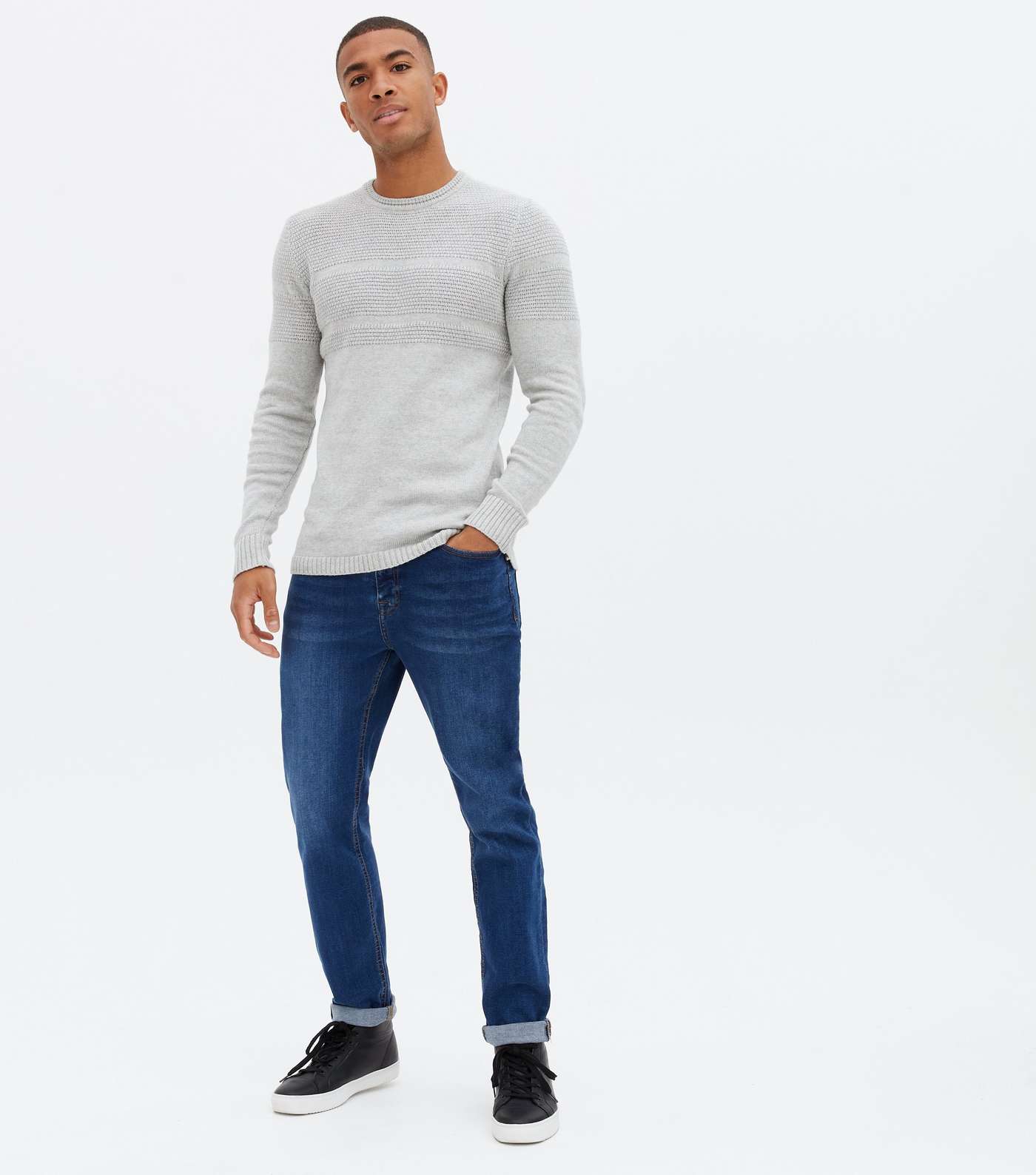 Only & Sons Pale Grey Stripe Crew Neck Jumper Image 2
