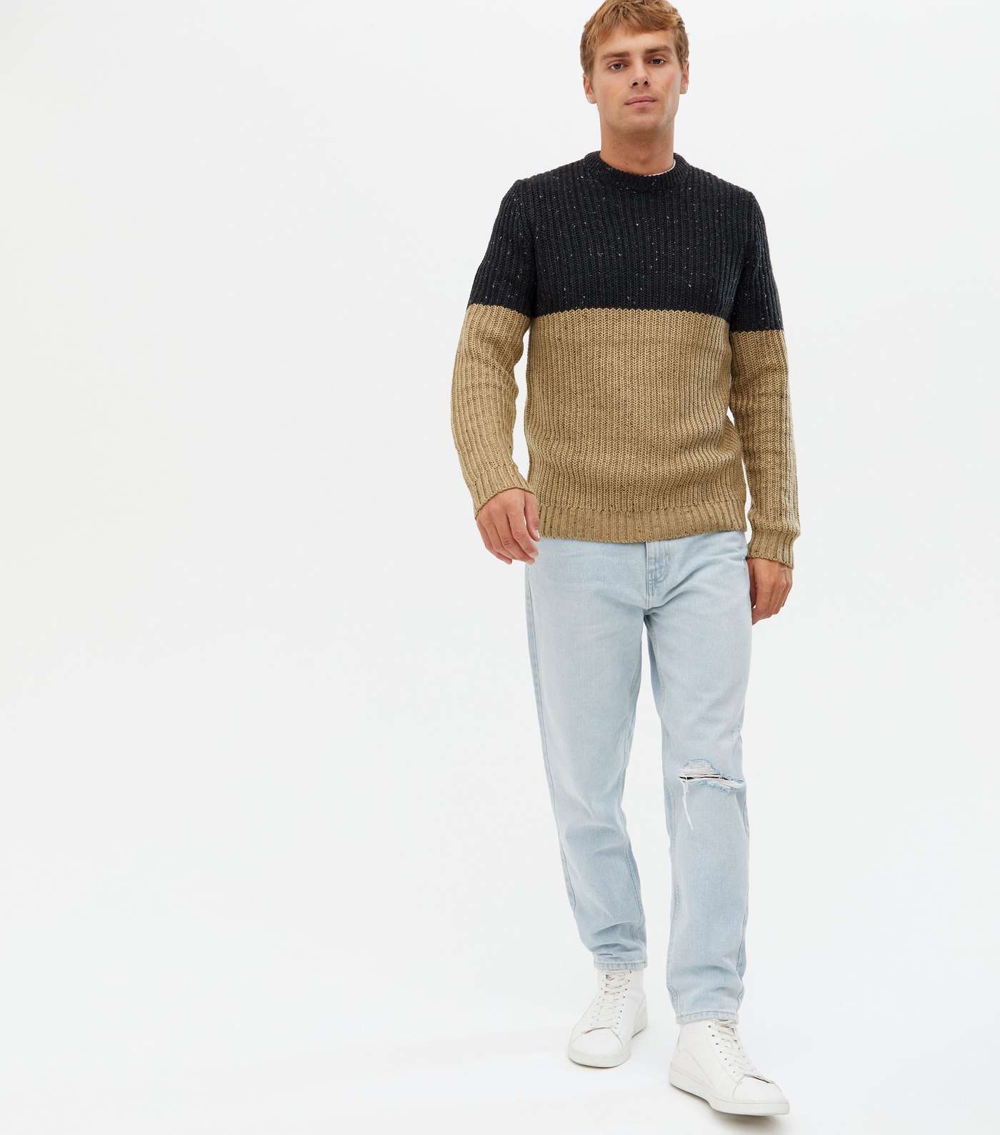 Only & Sons Stone Ribbed Colour Block Crew Jumper Image 2