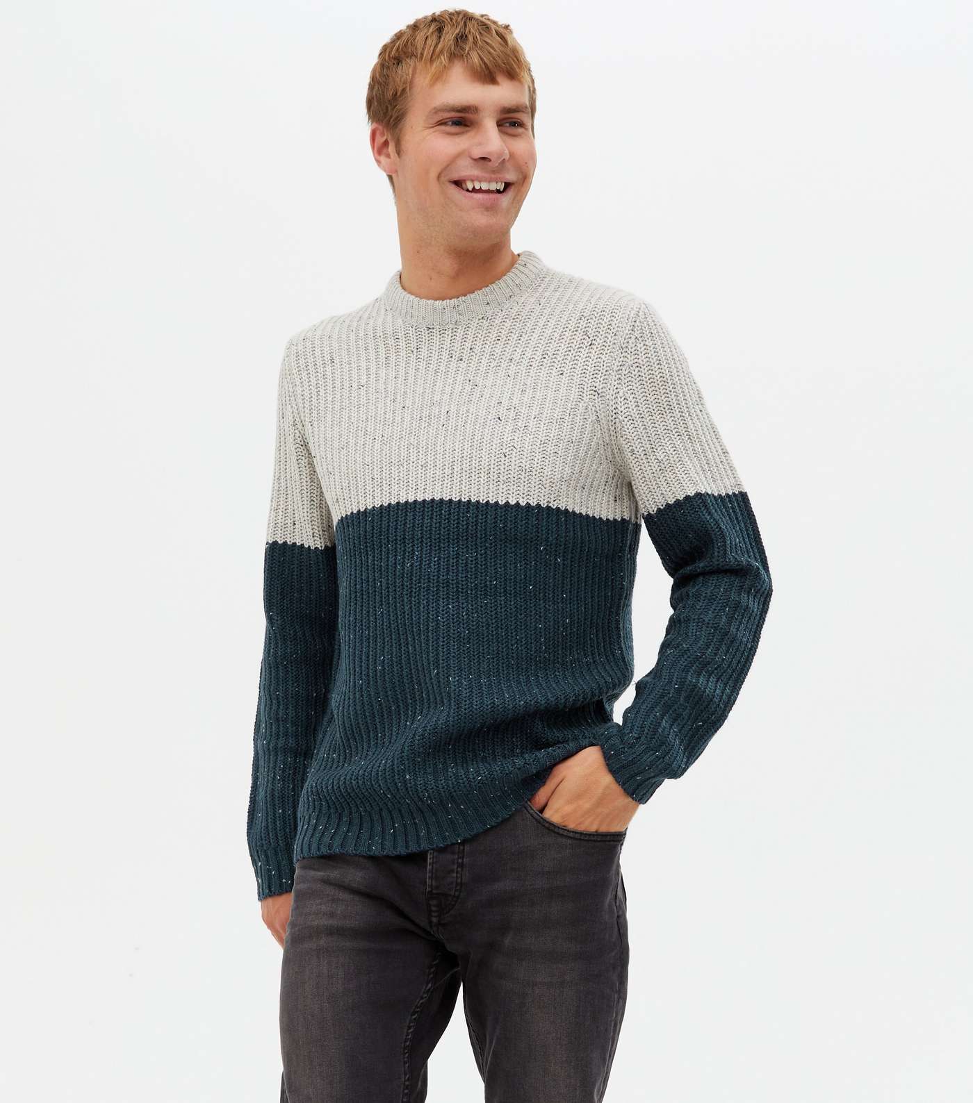 Only & Sons Blue Ribbed Colour Block Crew Jumper Image 2
