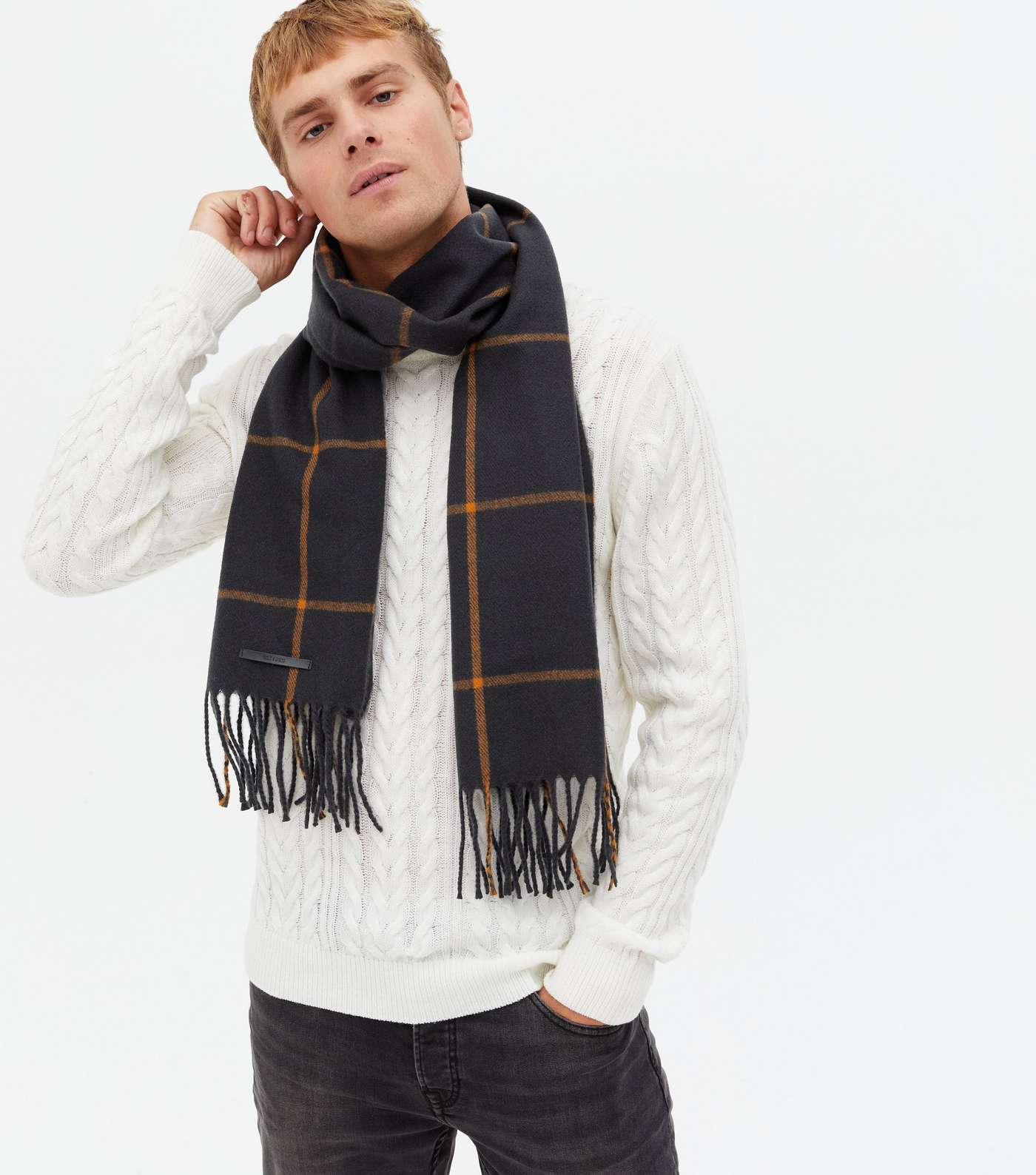 Only & Sons Navy Check Knit Tassel Scarf