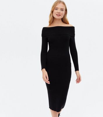 Black Ribbed Knit Bardot Midi Dress