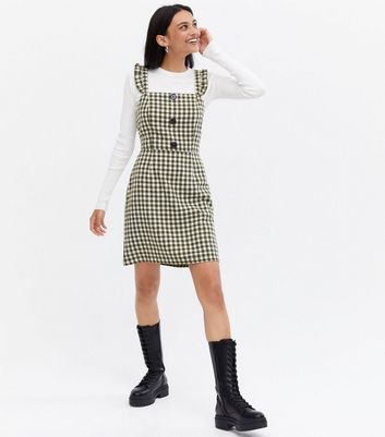 Green Check Bouclé Frill Pinafore Dress New Look