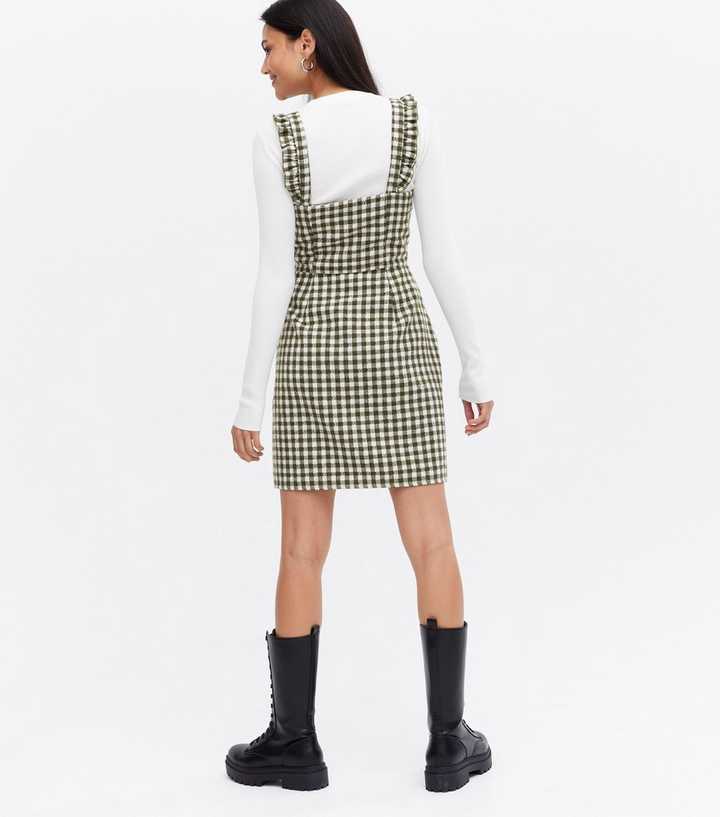 Green Check Boucl Frill Pinafore Dress | New Look Green Check Boucl Frill Pinafore Dress | New Look
