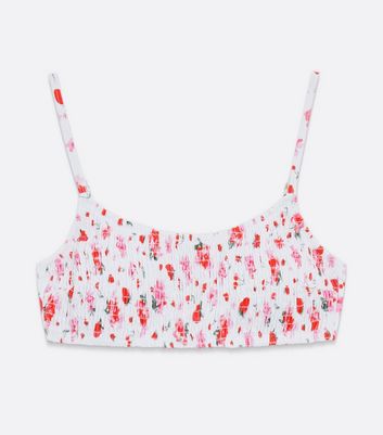 Click to view product details and reviews for White Floral Ruched Scoop Neck Crop Bikini Top New Look.