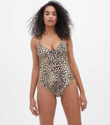 Light Brown Leopard Print Diamanté Trim Belted Swimsuit