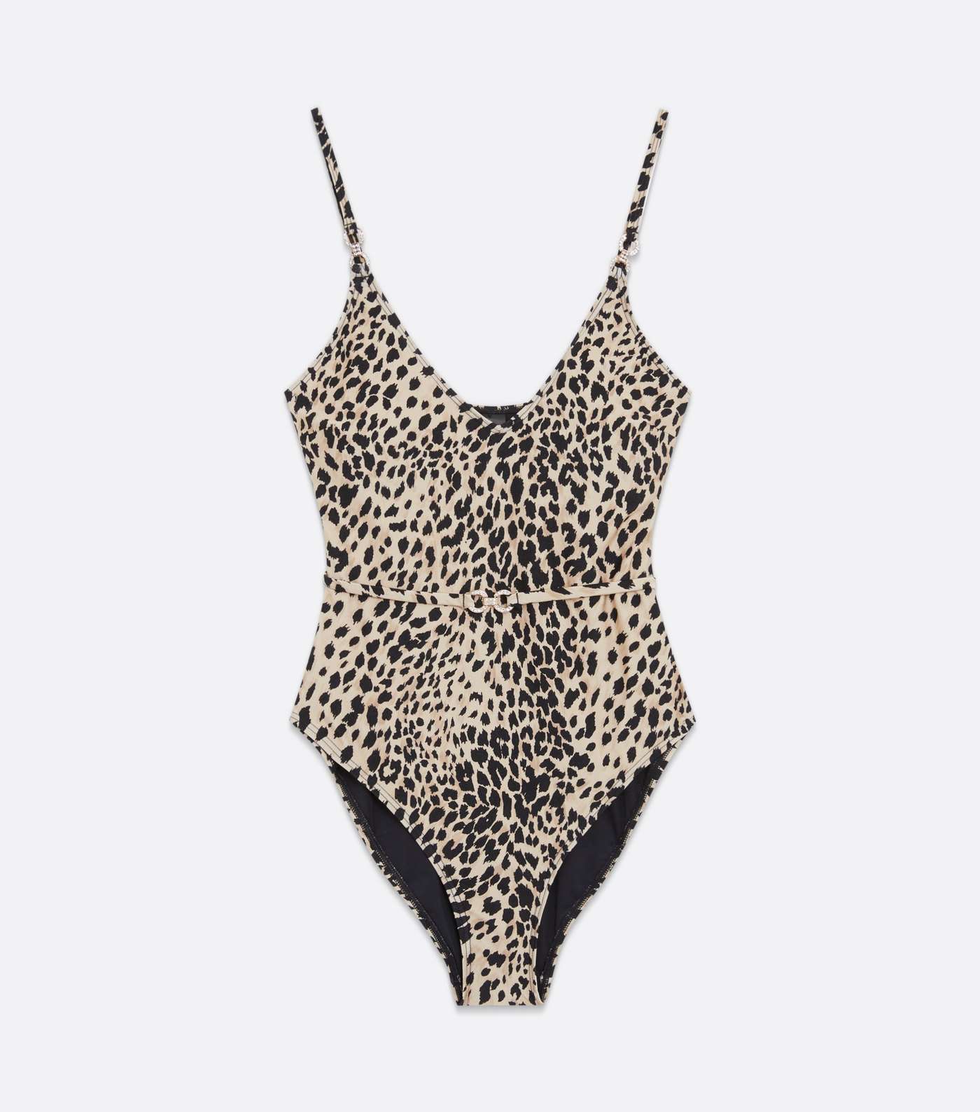 Light Brown Leopard Print Diamanté Trim Belted Swimsuit Image 5
