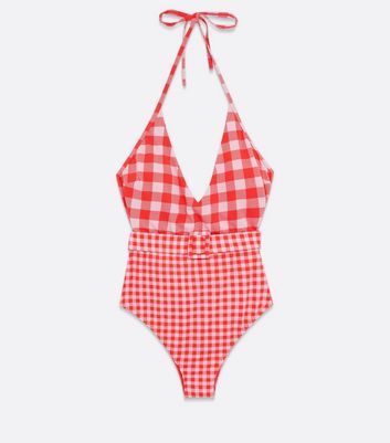 Click to view product details and reviews for Red Gingham Belted Halter Swimsuit New Look.