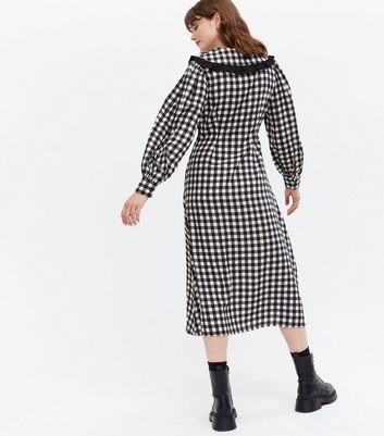 Black Check Frill Collar Midi Dress New Look