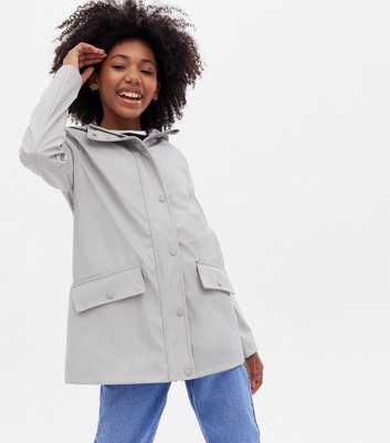 Girls Pale Grey Pocket Front Hooded Anorak