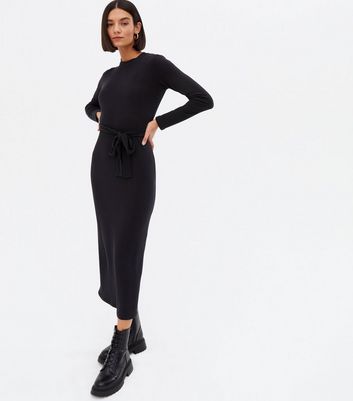 Black Ribbed Belted Midi Bodycon Dress