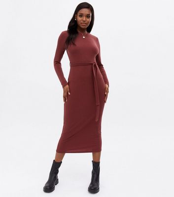 Plum Ribbed Belted Midi Bodycon Dress