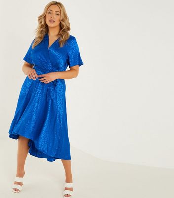 Blue Leopard Print Satin Midi Dress 