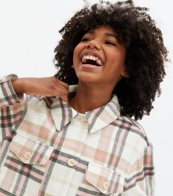 Girls Pink Check Double Pocket Shacket 