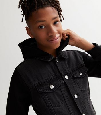 Boys Black Denim Jersey Sleeve Hooded Jacket