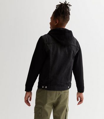 Hooded black denim jacket on sale mens