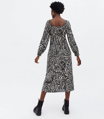 Damen Bekleidung Black Animal Print Ruched Square Neck Midi Dress
