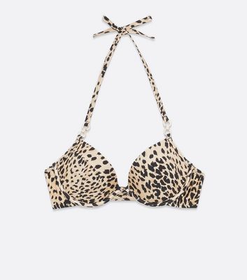 Light Brown Leopard Print Diamanté Trim Underwired Bikini Top New Look